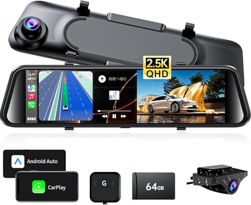 JADO ドライブレコーダー ミラー型 2.5K 12インチデザイン CarPlayとAndroidAuto 前後カメラ 全方位バックガイド線調整可 Type-C電源ポート UHD 大画面 隠し配線 GPS搭載 WDR超暗視機能 170°超広角 タッチパネル Sony415センサー 超暗視機能 タイムラプス録画 LED信号対応 地デジ干渉対策 日本語取扱説明書付き 64GBメモリカード付き